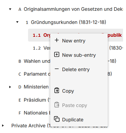 contextual menu of an element