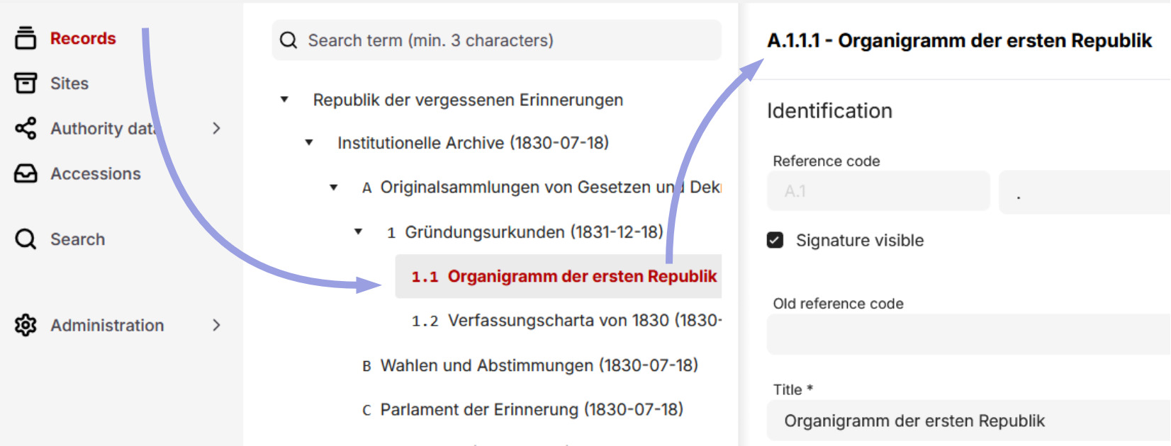 Hierarchy in the middle, details of a record on the right
