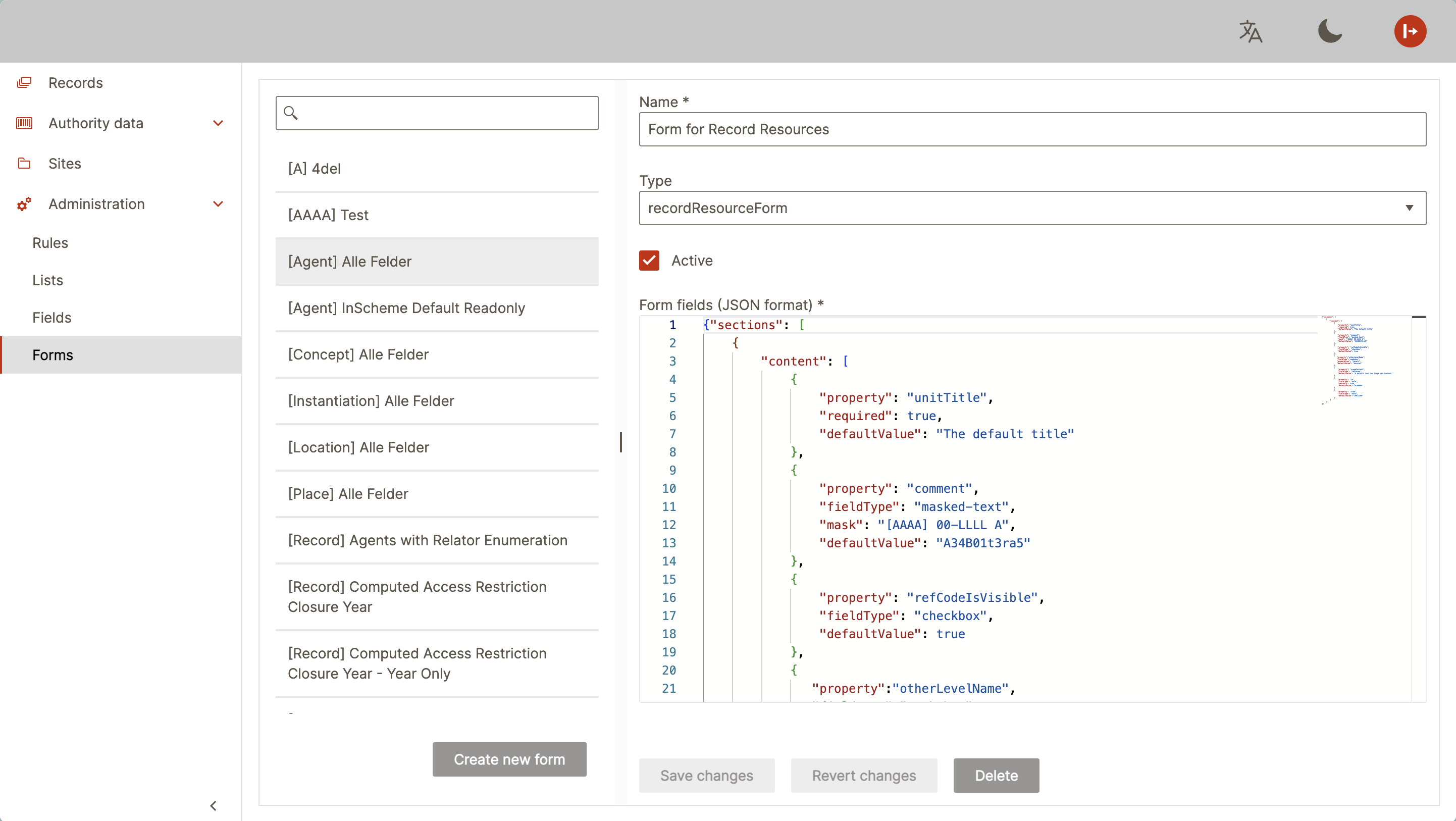 A typical form definition in docuteam context