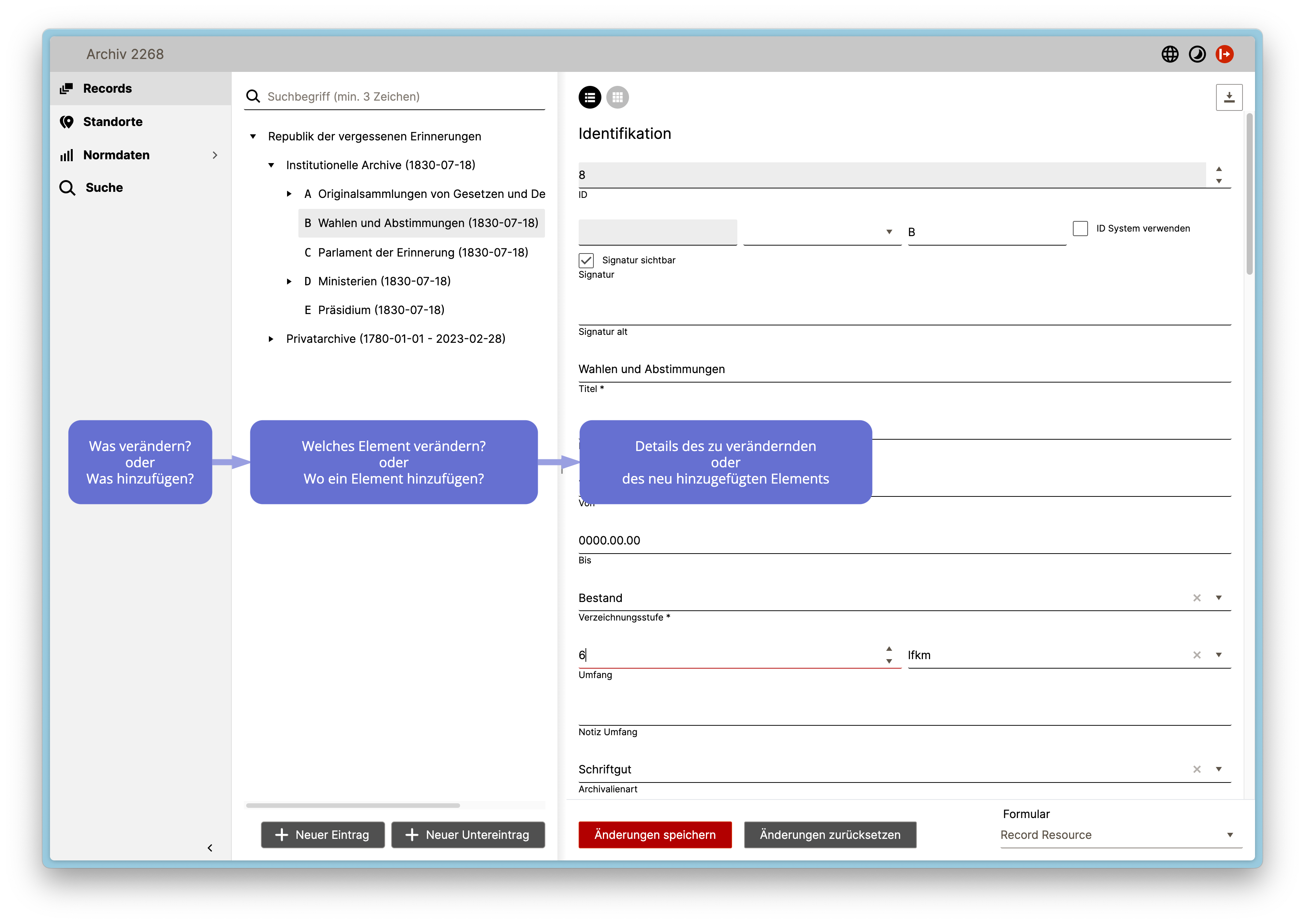 Dreiteiliges Layout von docuteam context