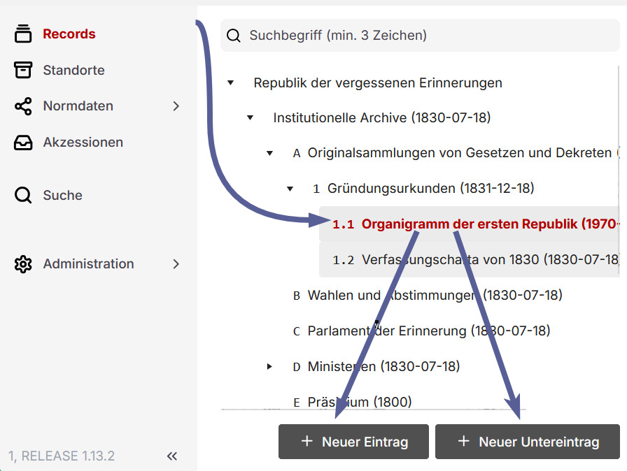 Buttons für neue Einträge