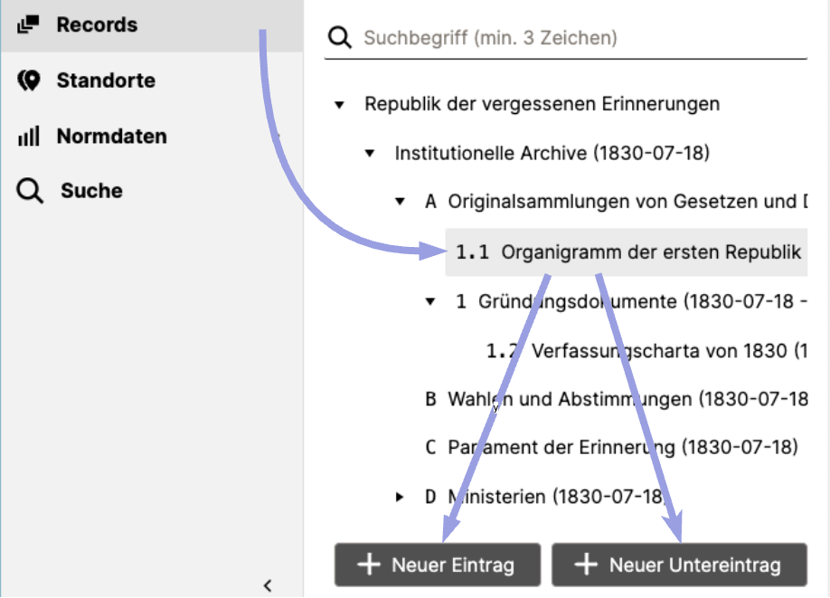 Buttons für neue Einträge