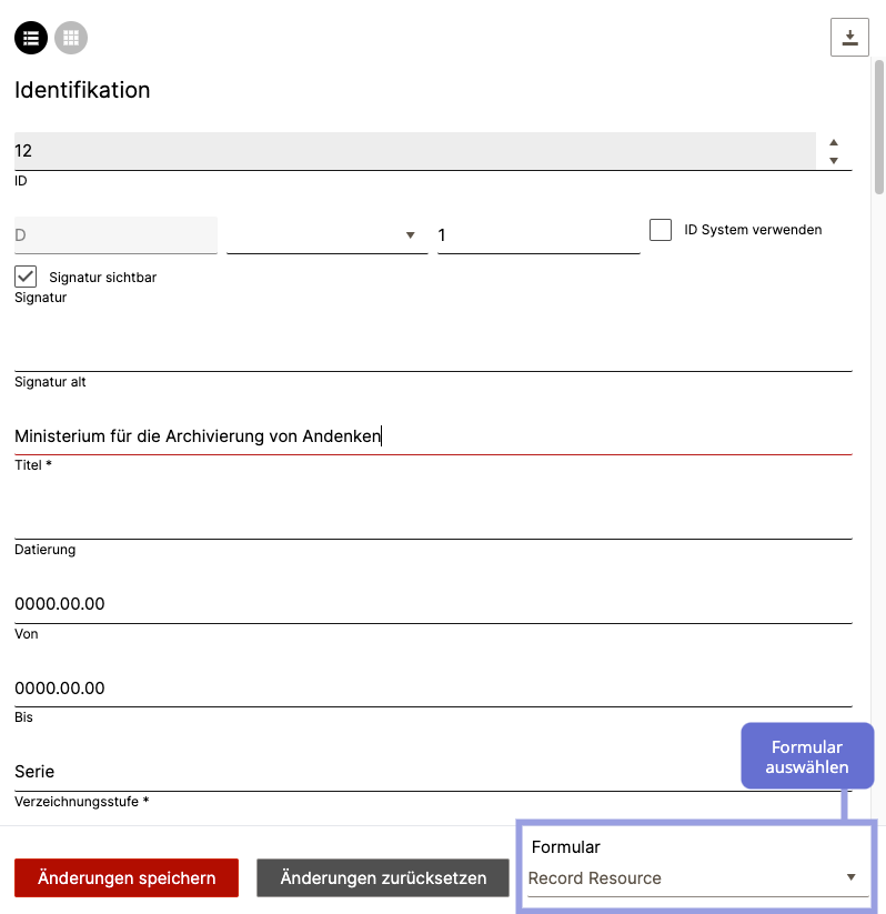 Beispielformular eines Records