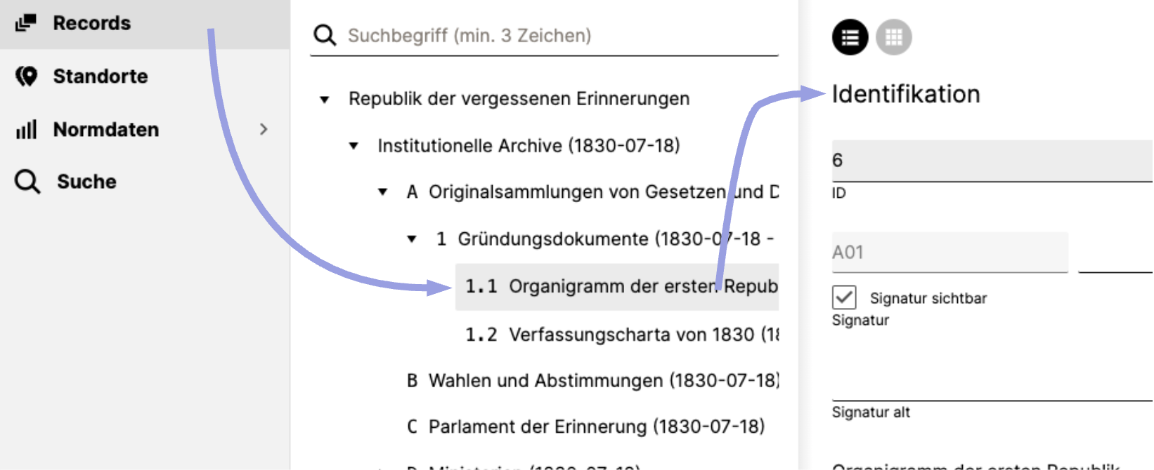 Tektonik in der Mitte, Details eines Records rechts