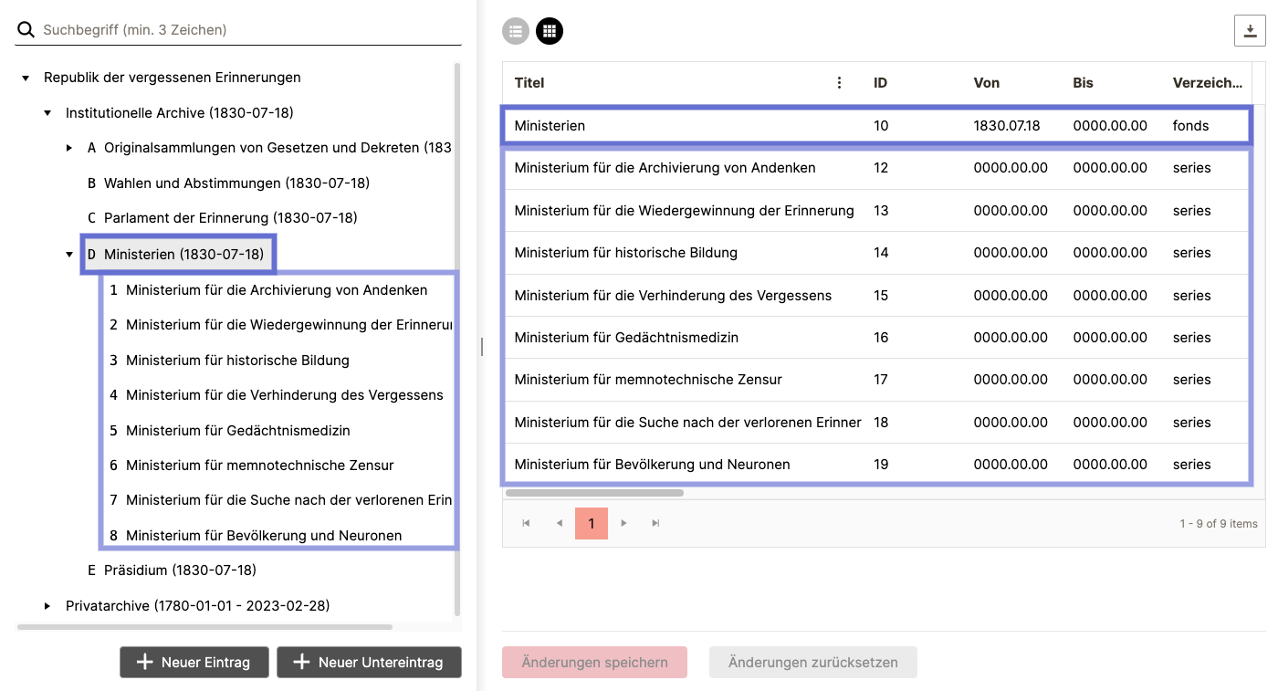 Der Grid zeigt einen Eintrag mit allen Nachfolgern