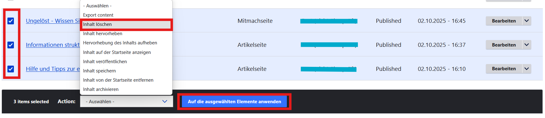Inhalte löschen