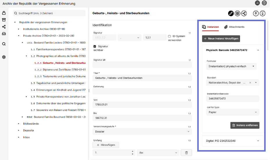Instanzen rechts des Recordformulars