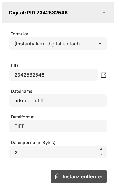digitalen Instantiation, mit PID und Link
