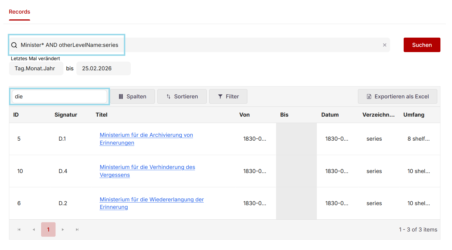 Zusätzlich Suche nur nach Serien, Filtern nach „die“ in den Resultaten