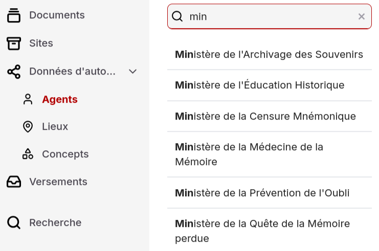 Liste filtrée de lieux avec mise en évidence