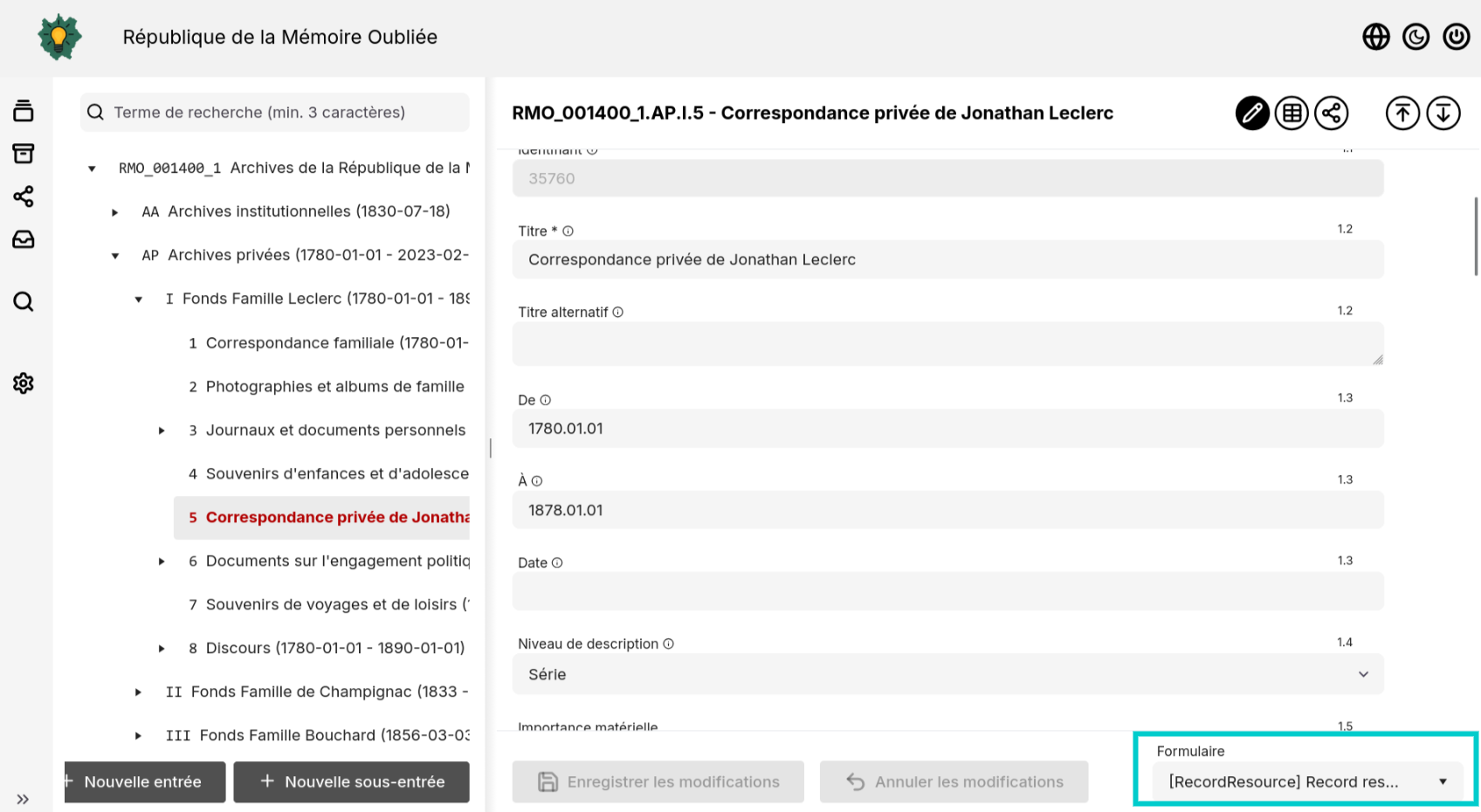 Exemple de formulaire d'un document