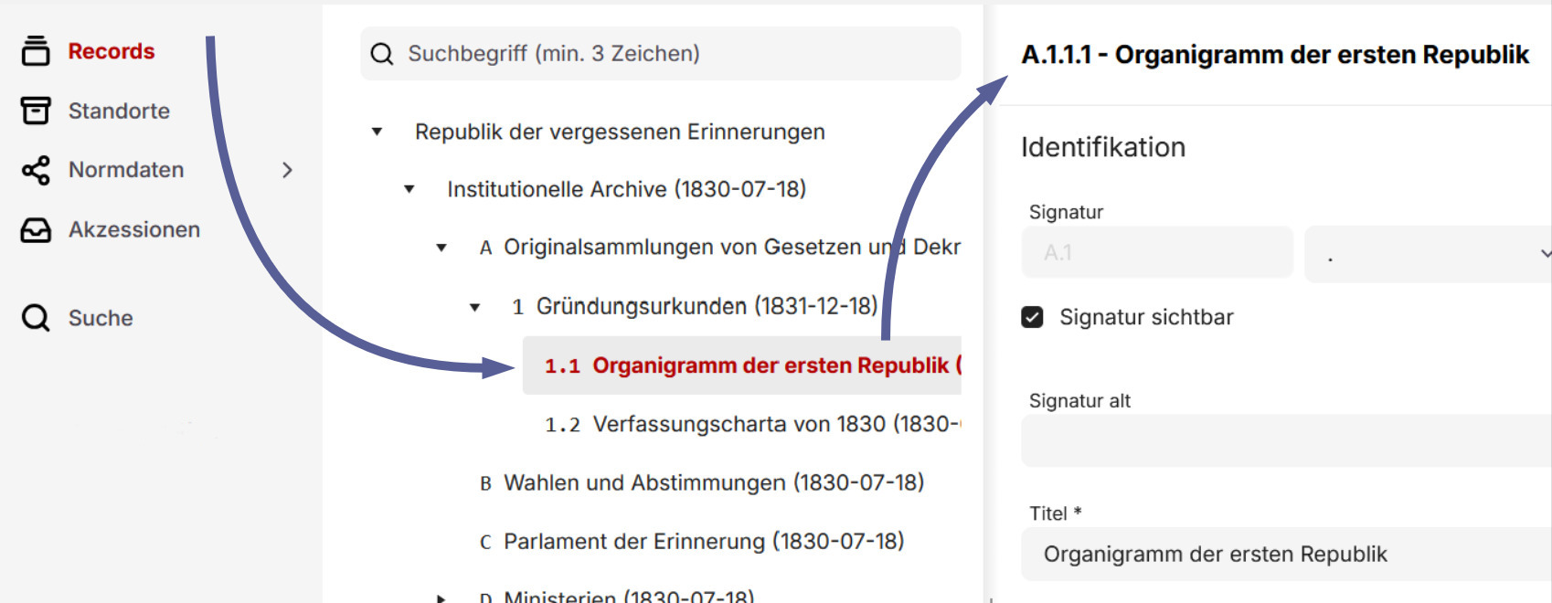 Hiérarchie de document au centre, détails d'un document à droite