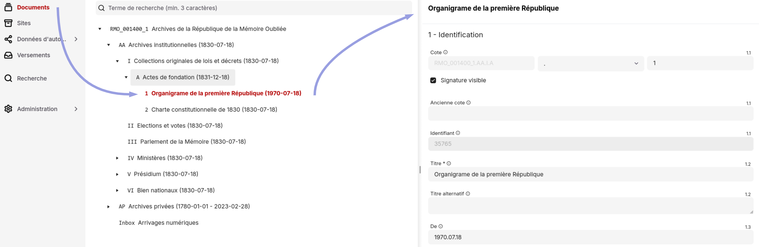 Hiérarchie de document au centre, détails d'un document à droite