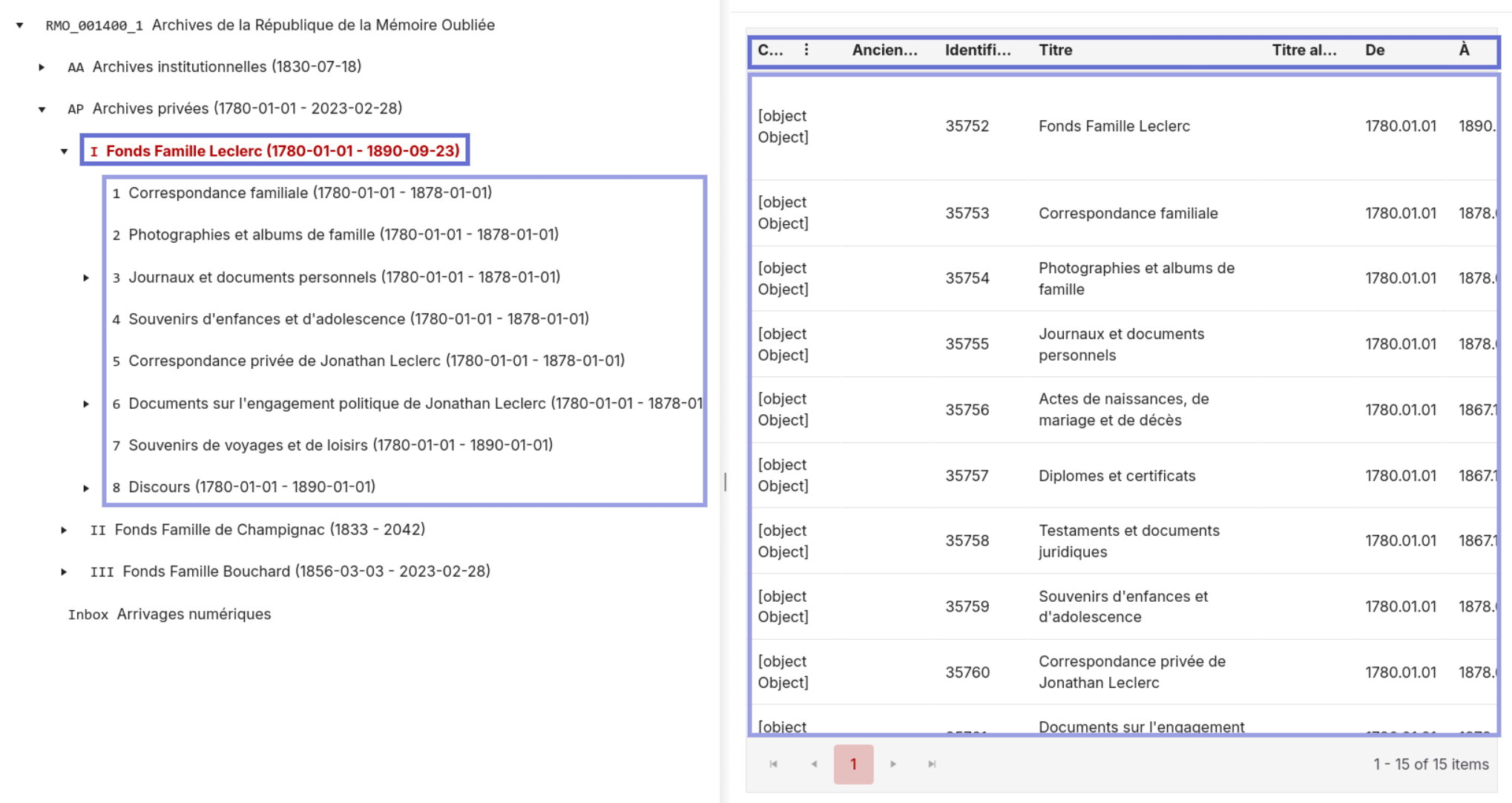 Le Grid affiche une entrée avec tous ses descendants