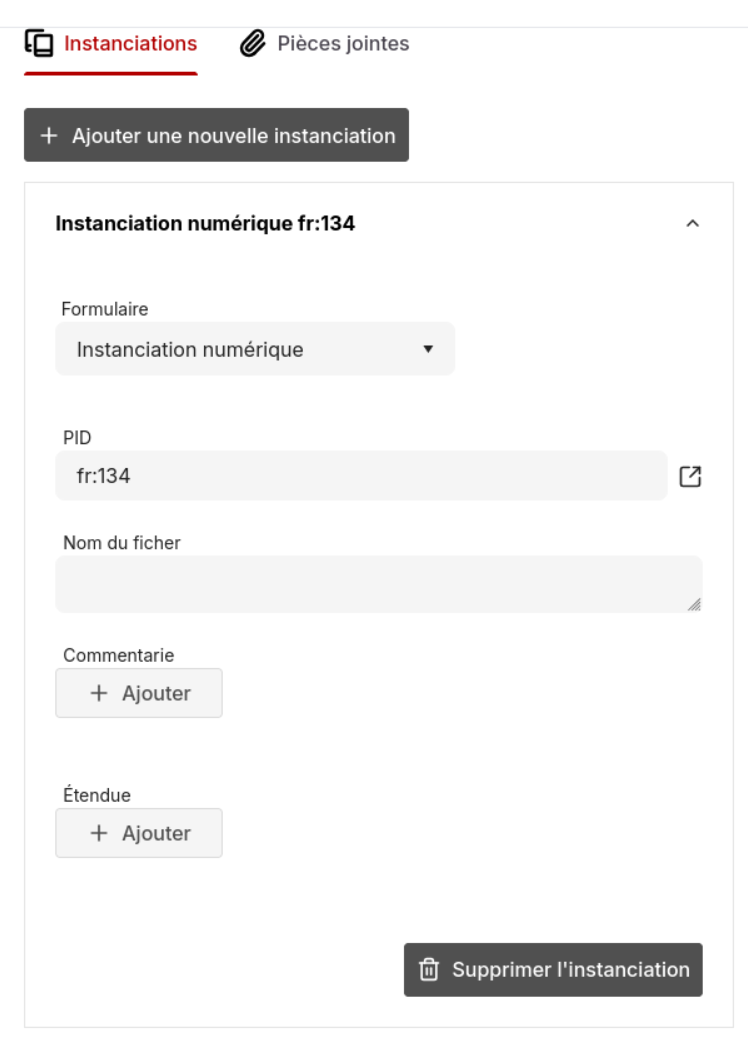 Instance numérique, avec PID et lien