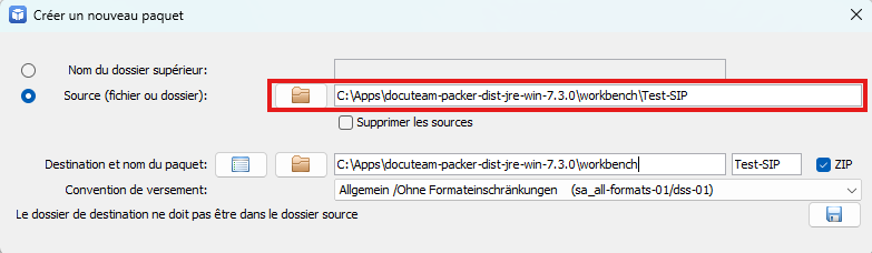 créer un nouveau SIP à partir d'un fichier ou d'un dossier