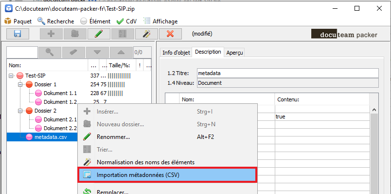 Importation des métadonnées